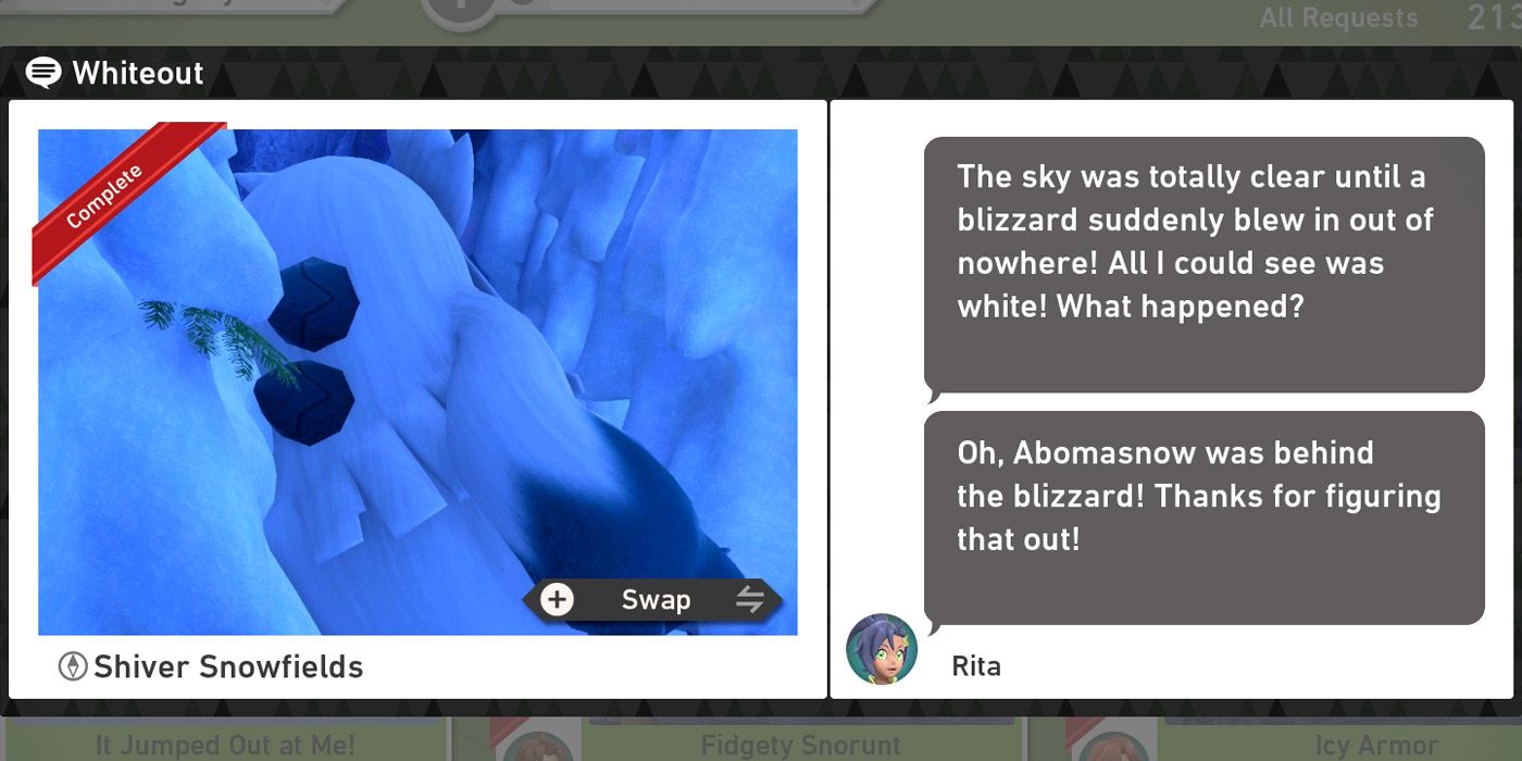 The Whiteout request in the Shiver Snowfields (Night) course in New Pokemon Snap