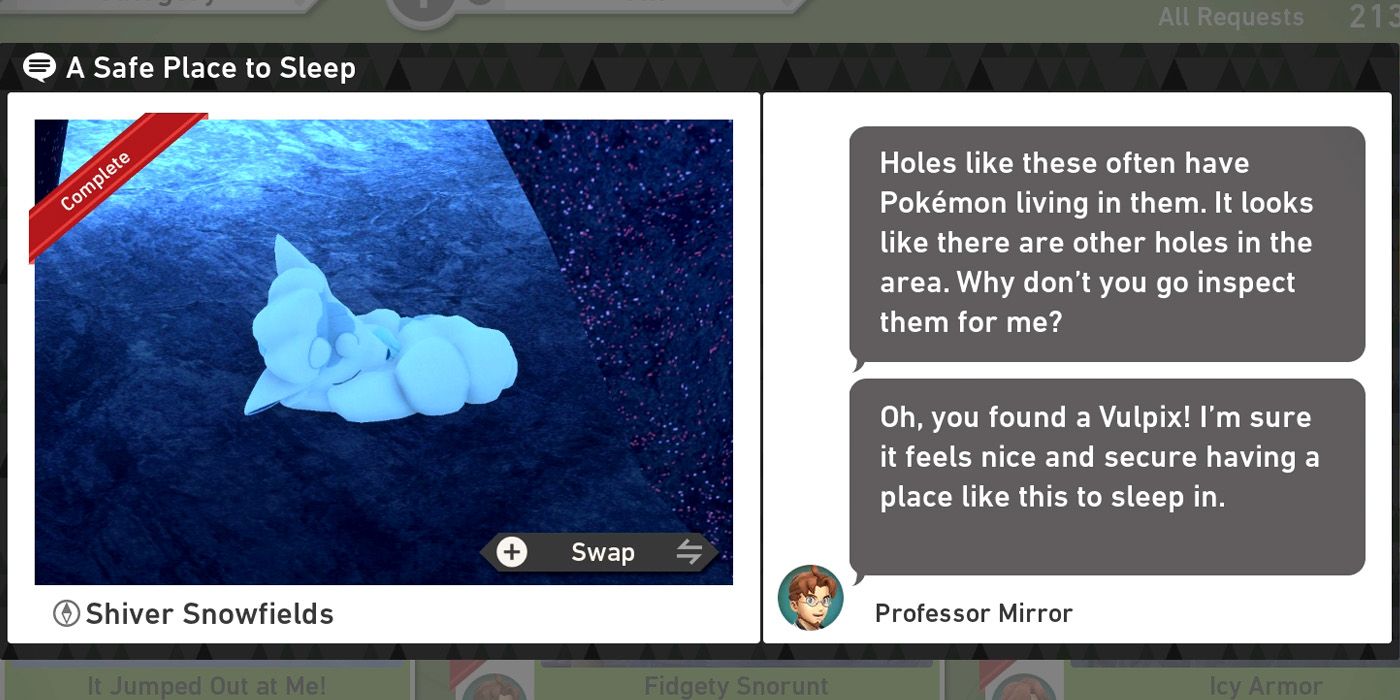 The A Safe Place to Sleep request in the Shiver Snowfields (Night) course in New Pokemon Snap