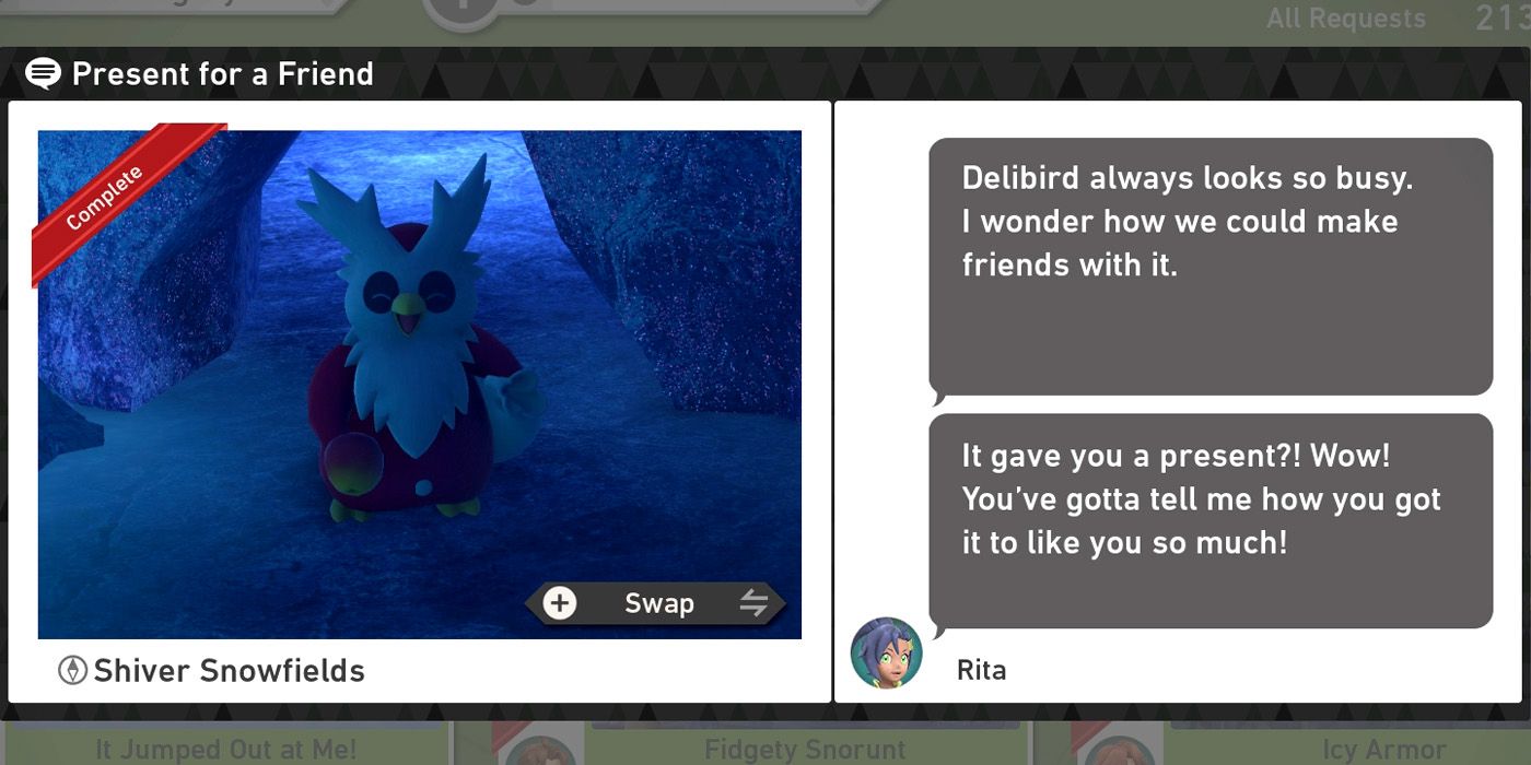 The Present for a Friend request in the Shiver Snowfields (Night) course in New Pokemon Snap