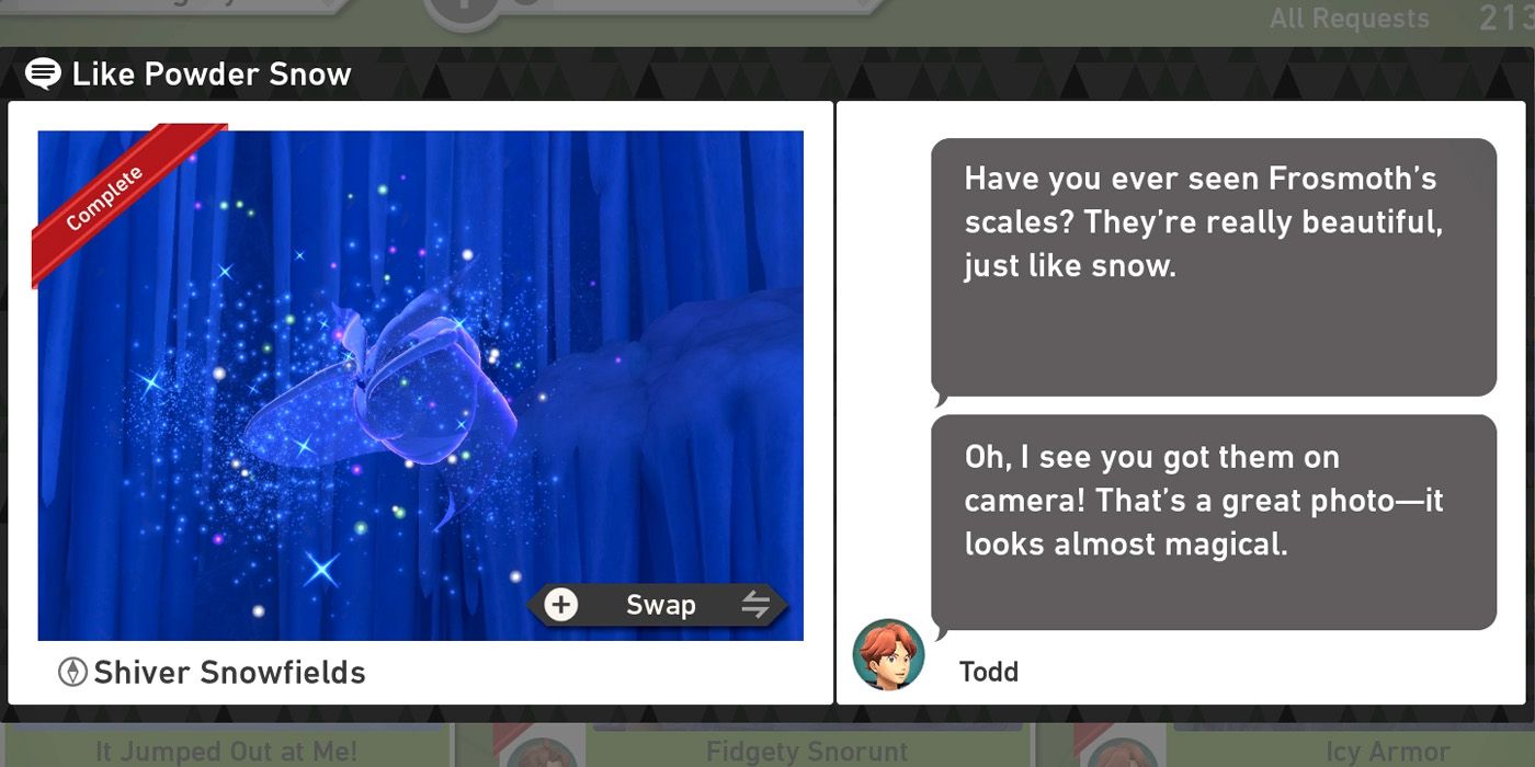 The Like Powder Snow request in the Shiver Snowfields (Night) course in New Pokemon Snap