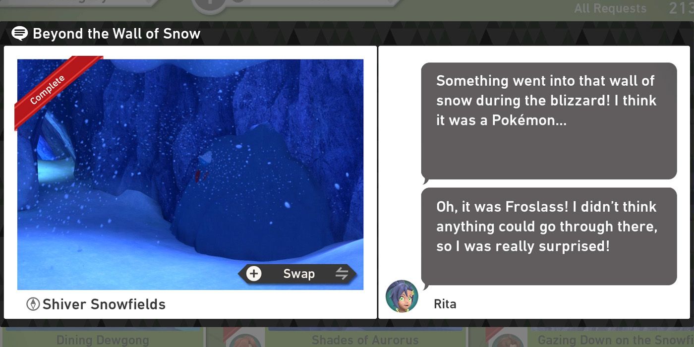 The Beyond the Wall of Snow request in the Shiver Snowfields (Night) course in New Pokemon Snap