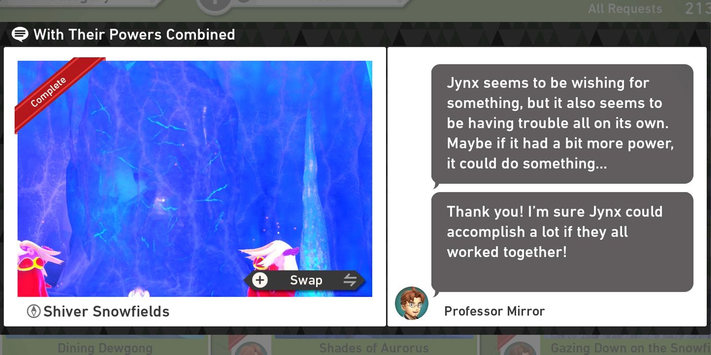 The With Their Powers Combined request in the Shiver Snowfields (Night) course in New Pokemon Snap