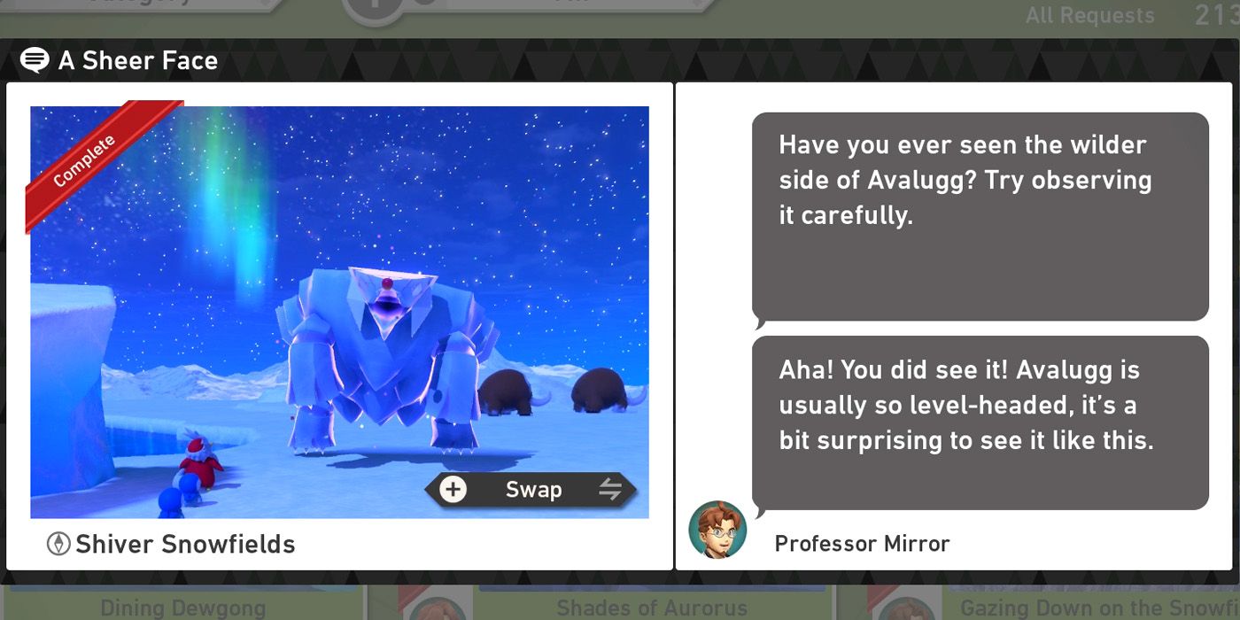 The A Sheer Face request in the Shiver Snowfields (Night) course in New Pokemon Snap