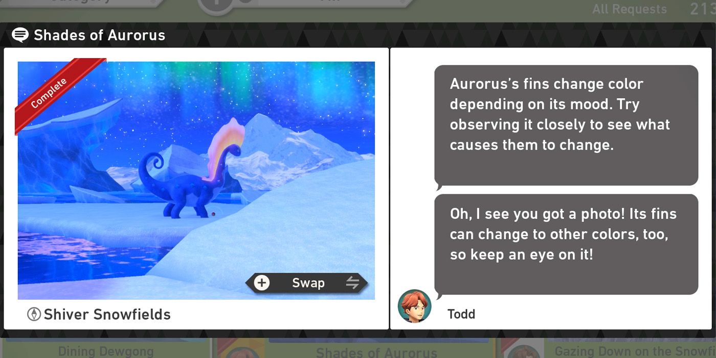 The Shades of Aurorus request in the Shiver Snowfields (Night) course in New Pokemon Snap