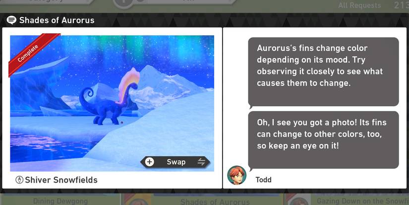 The Shades of Aurorus request in the Shiver Snowfields (Night) course in New Pokemon Snap