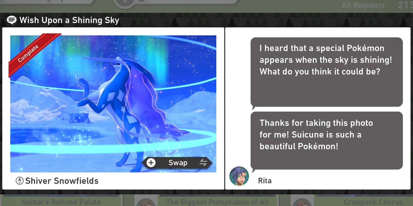 The Wish Upon a Shining Sky request in the Shiver Snowfields (Night) course in New Pokemon Snap