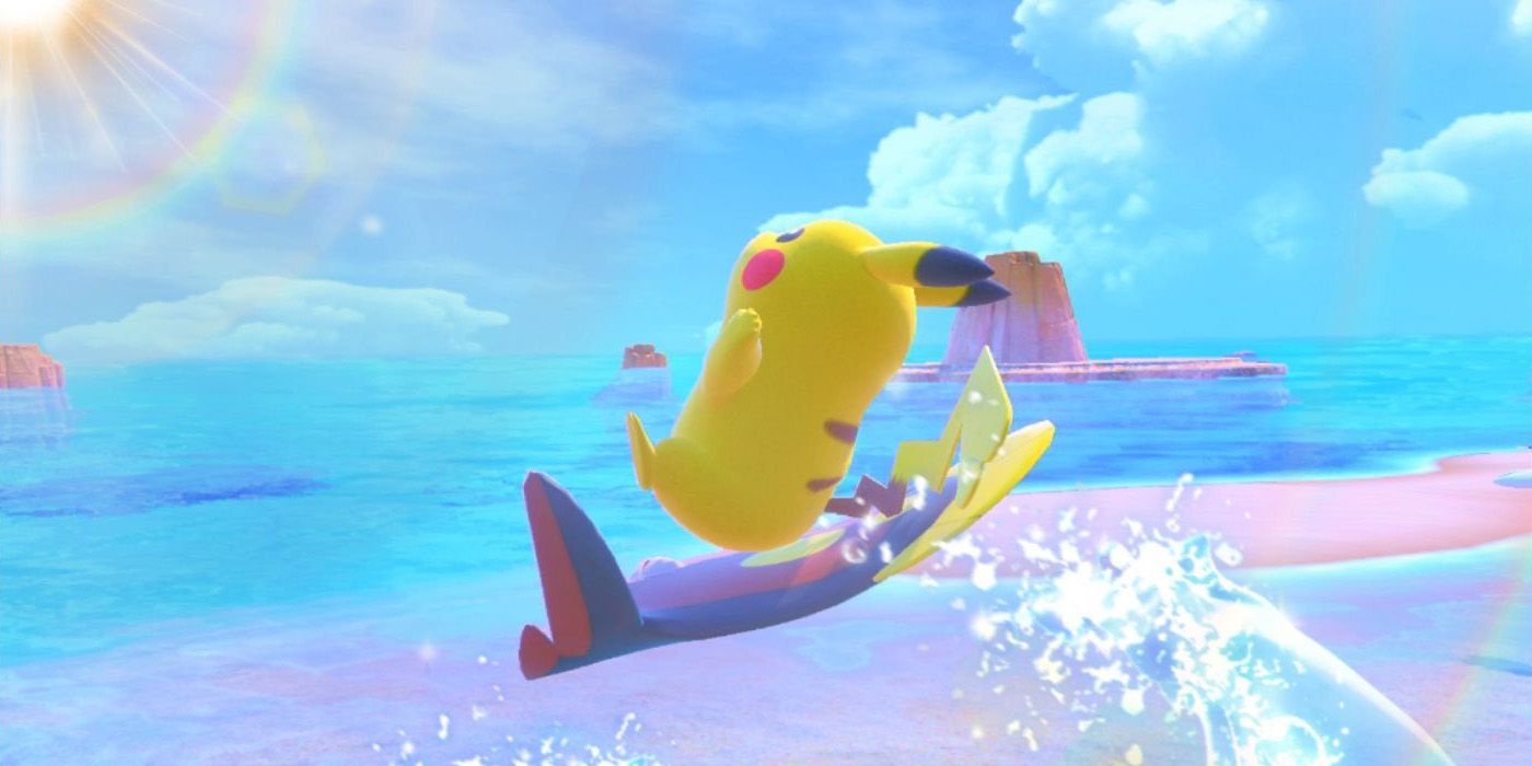Pikachu surfing on a Stunfisk in New Pokemon Snap