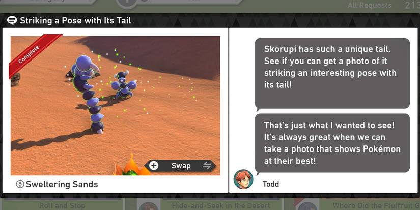 The Striking a Pose with Its Tail request in the Sweltering Sands (Day) course in New Pokemon Snap