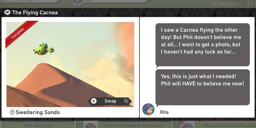 The A Flying Cacnea request in the Sweltering Sands (Day) course in New Pokemon Snap