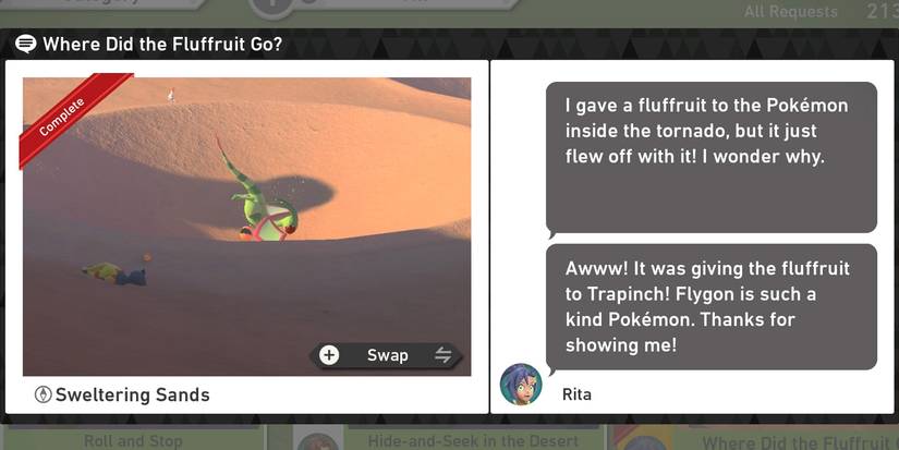 The Where Did the Fluffruit Go? request in the Sweltering Sands (Day) course in New Pokemon Snap