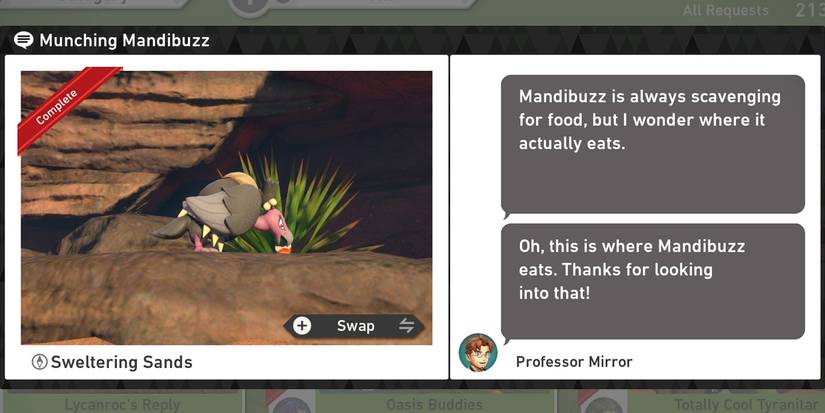 The Munching Mandibuzz request in the Sweltering Sands (Day) course in New Pokemon Snap