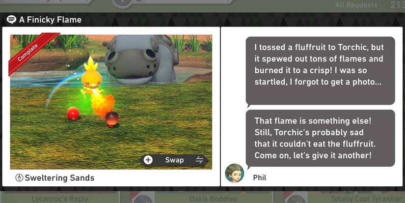 The A Finicky Flame request in the Sweltering Sands (Day) course in New Pokemon Snap