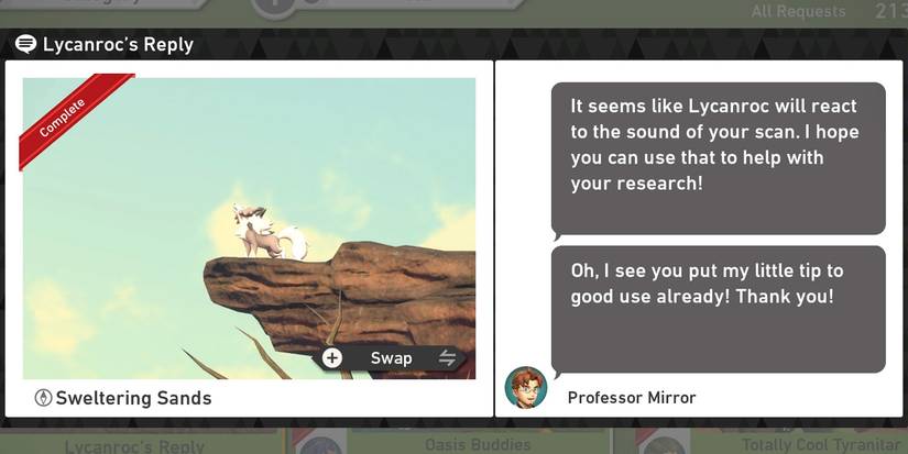 The Lycanroc's Reply request in the Sweltering Sands (Day) course in New Pokemon Snap