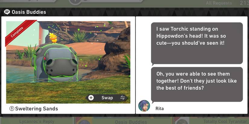 The Oasis Buddies request in the Sweltering Sands (Day) course in New Pokemon Snap