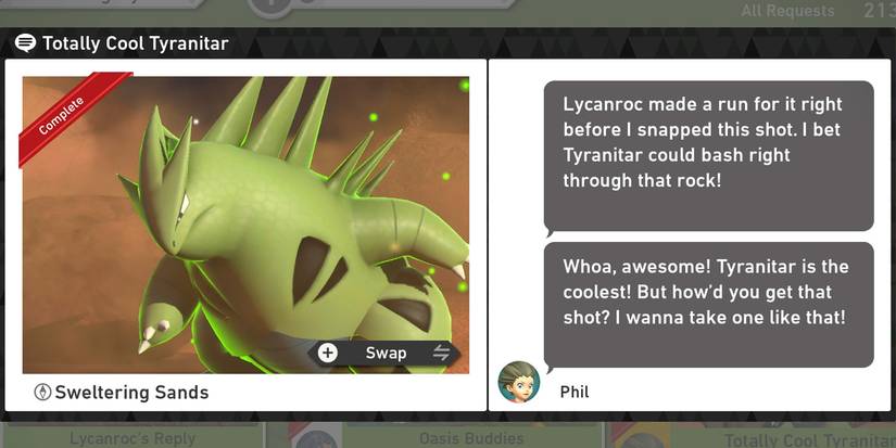 The Totally Cool Tyranitar request in the Sweltering Sands (Day) course in New Pokemon Snap
