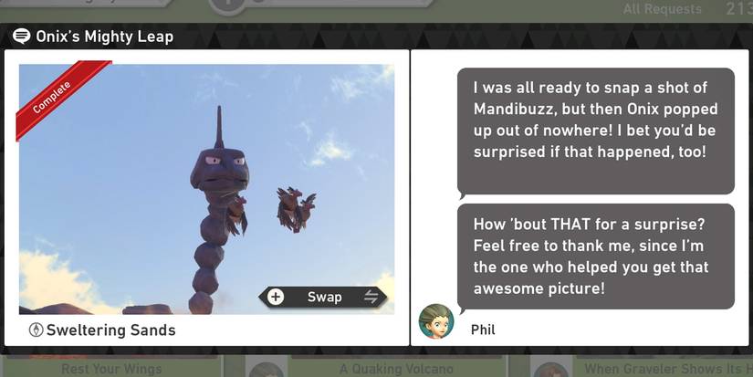 The Onix's Mighty Leap request in the Sweltering Sands (Day) course in New Pokemon Snap
