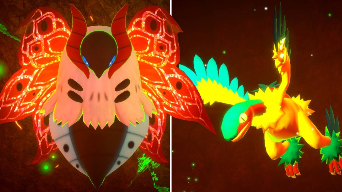 Volcarona and Archeops at the Voluca Island Illumina Spot course in New Pokemon Snap