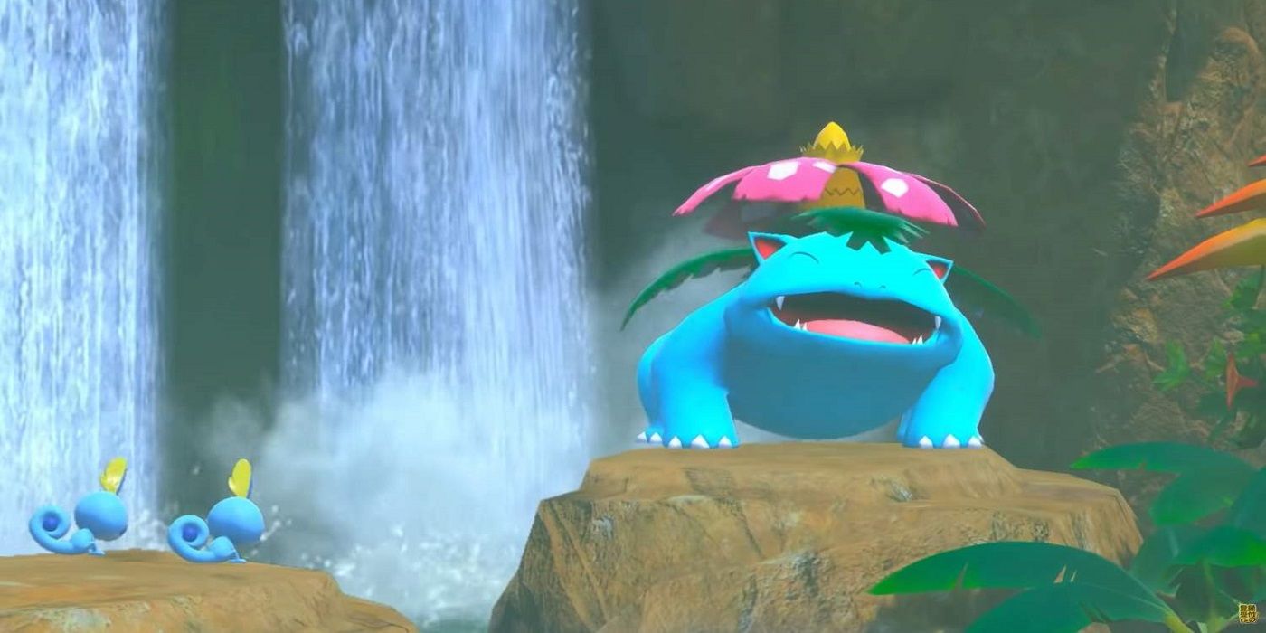 Screenshot from New Pokemon Snap depicting Venusaur and two Sobbles at a waterfall