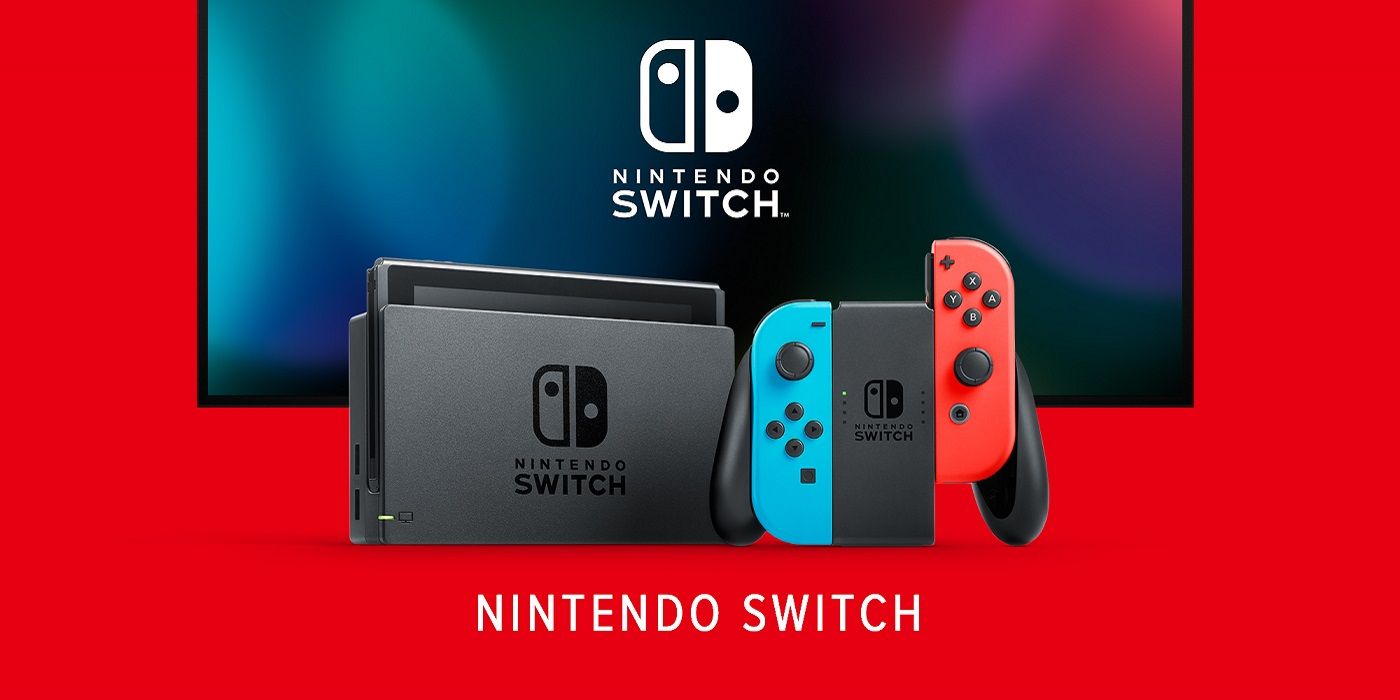 Nintendo Switch console and a large TV all against a bright red background.