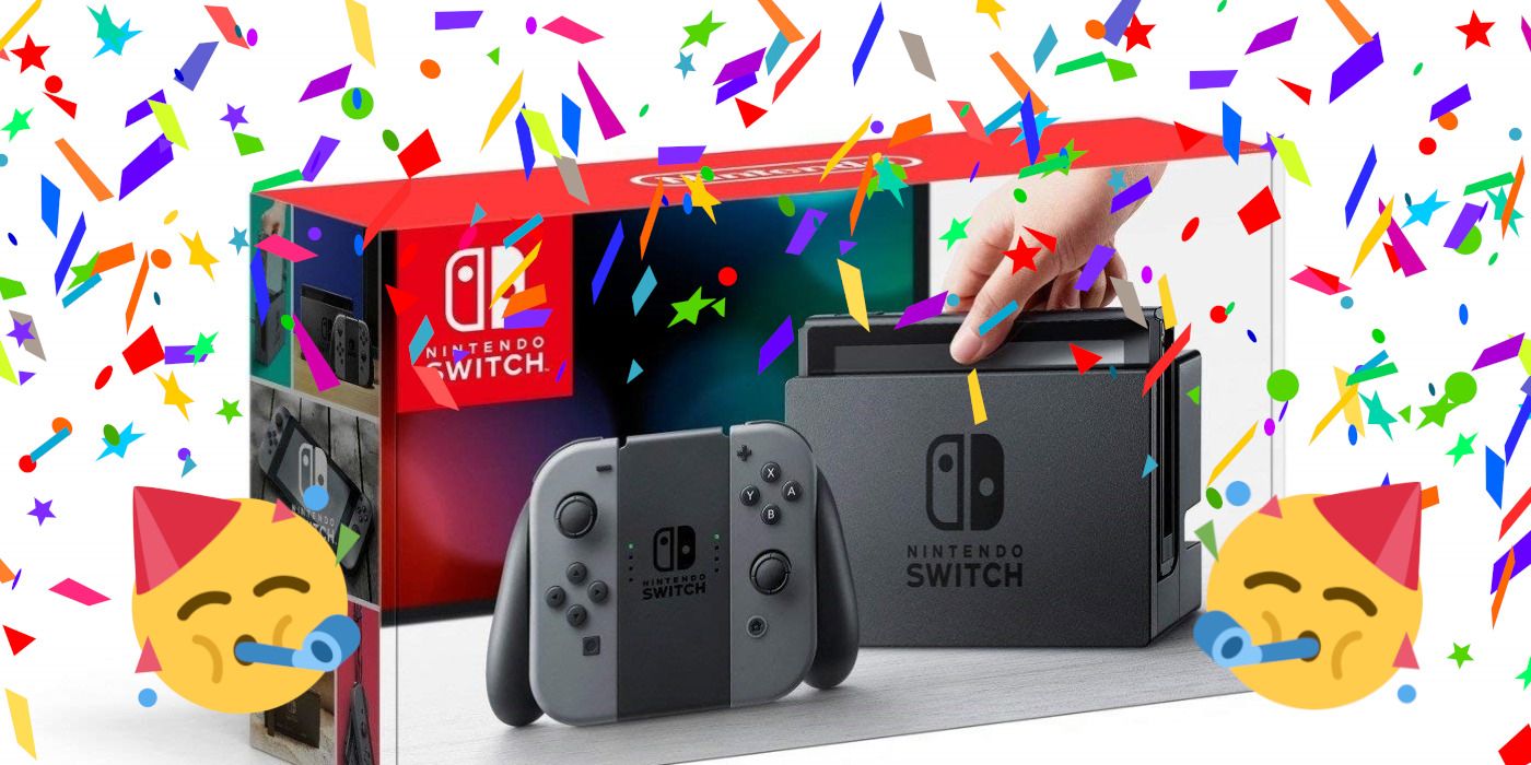 nintendo switch box with confetti and party emojis