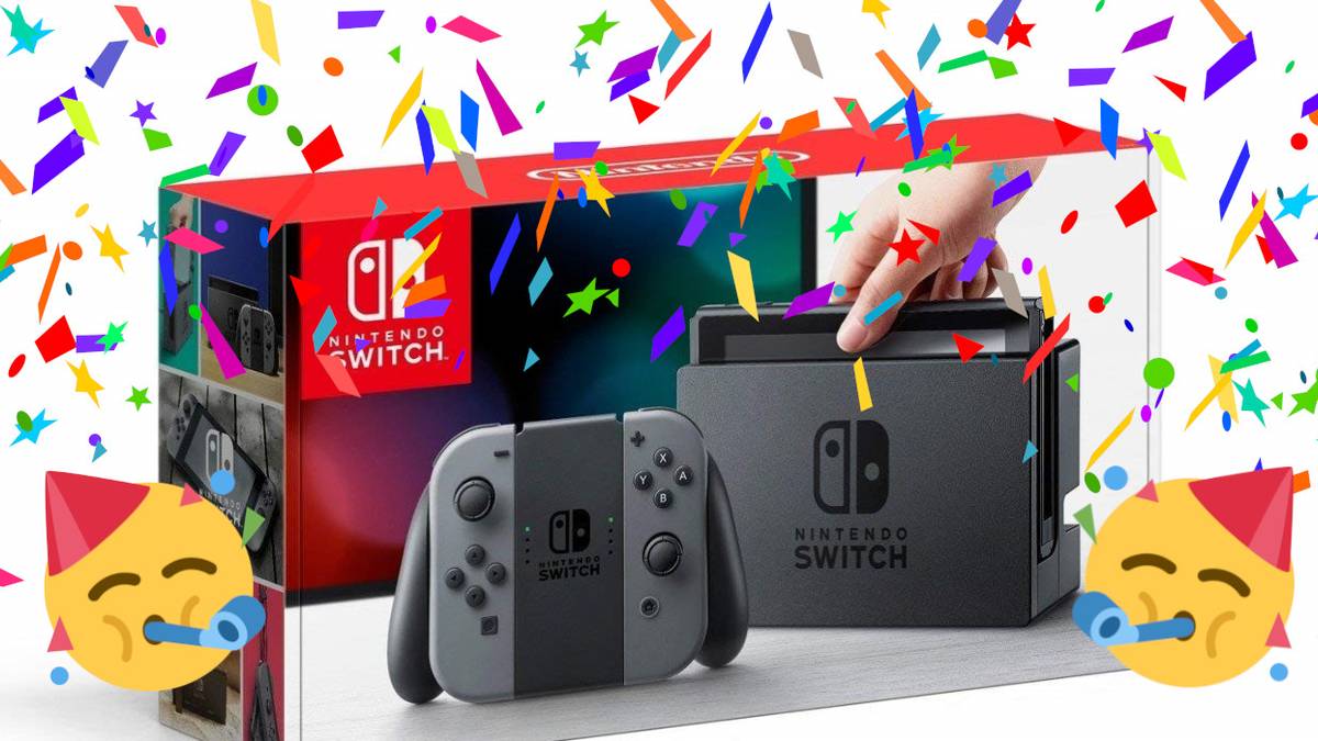 nintendo switch box with confetti and party emojis