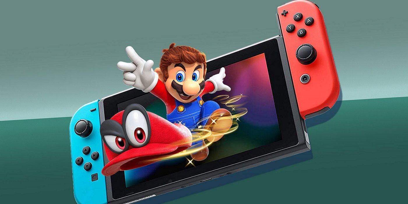Image showing Mario throwing his hat as he leaps out of a Nintendo Switch.
