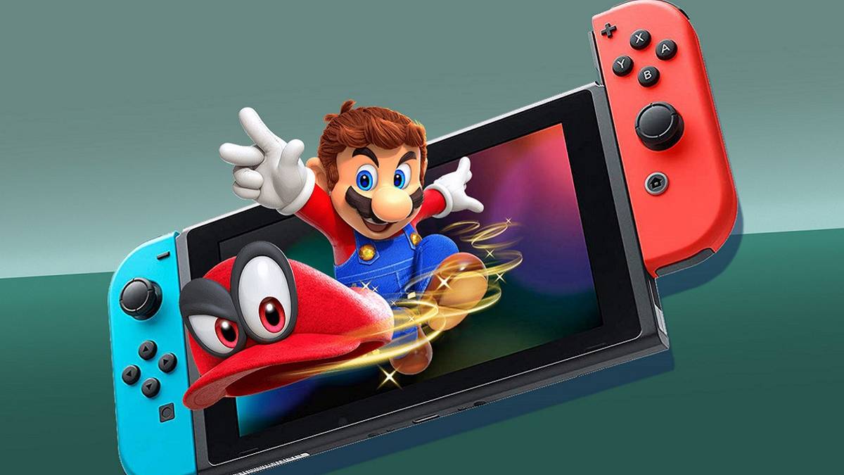 Image showing Mario throwing his hat as he leaps out of a Nintendo Switch.