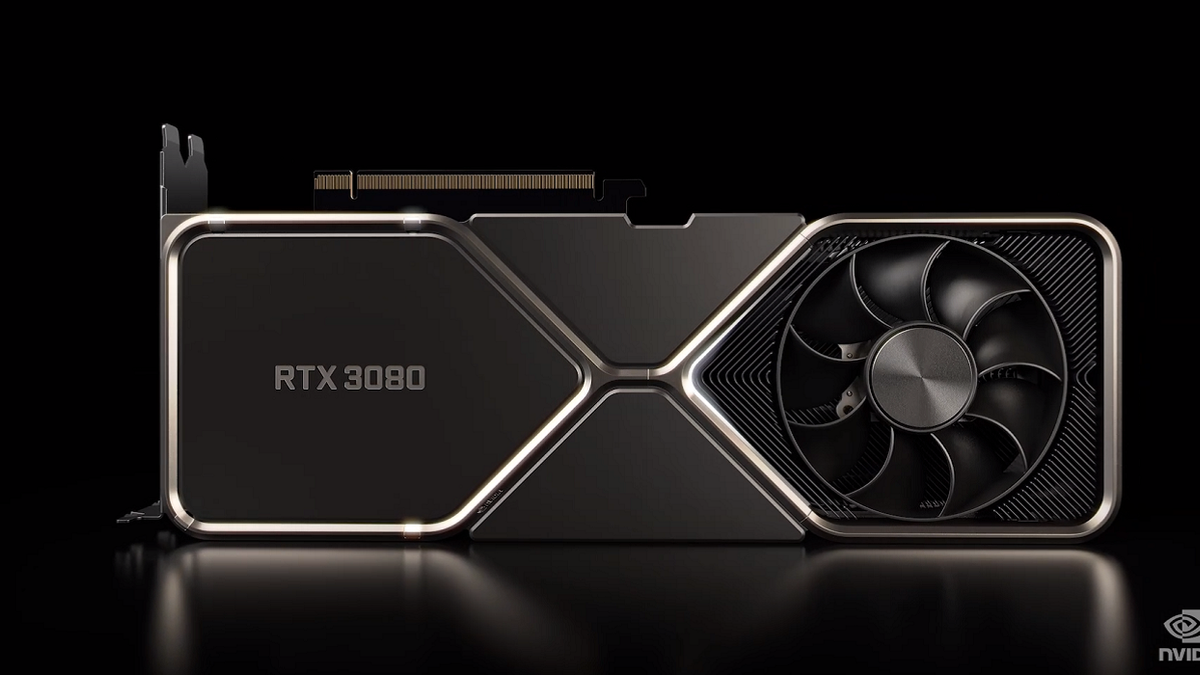 Photo of what appears to ne an Nvidia GTX 3080 Ti on a black background.