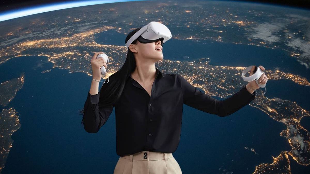 oculus quest 2 user playing over background of earth