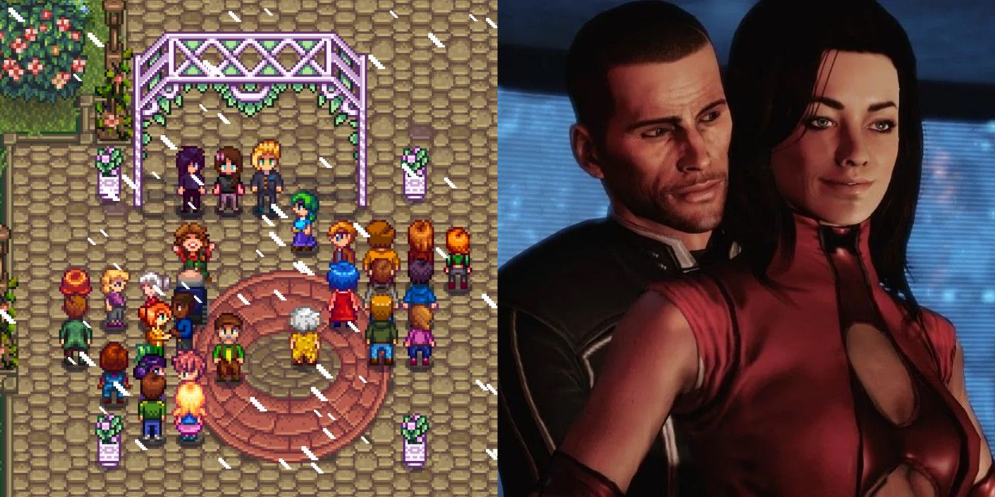 Stardew valley wedding (left); Mass Effect characters embracing (right)