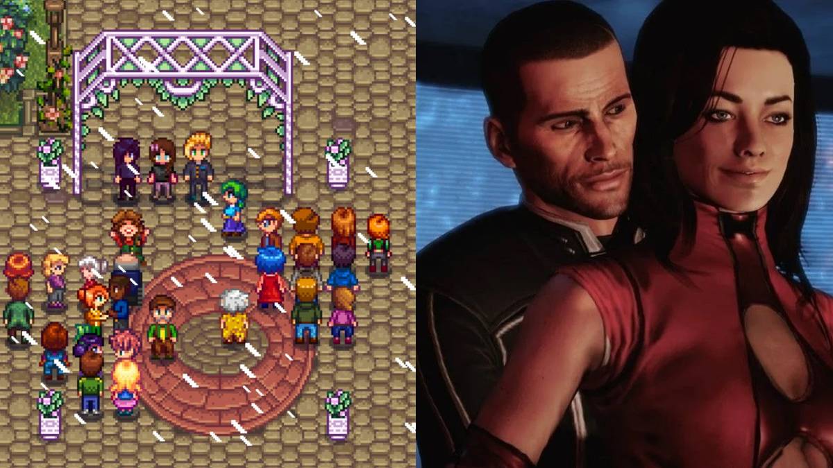 Stardew valley wedding (left); Mass Effect characters embracing (right)