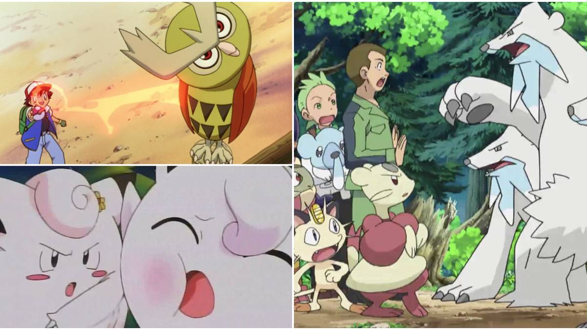 Anime images of Noctowl (upper left); Clefairy (lower left); Beartic (right)