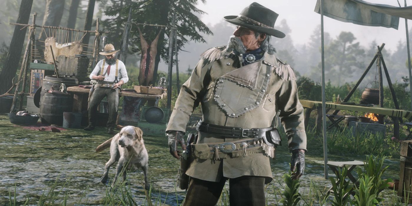 red-dead-online-player-in-leather-coat-in-camp-with-dog