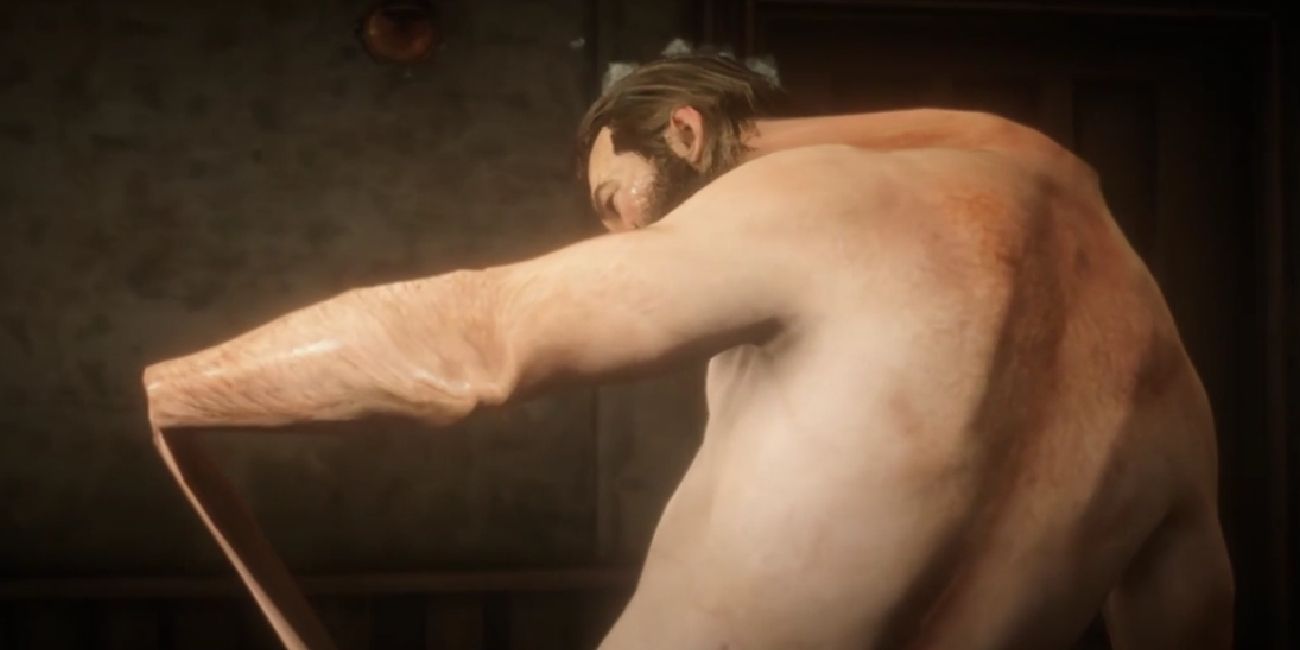 arthur morgan's glitched out body after exiting an assisted bath in a hotel.