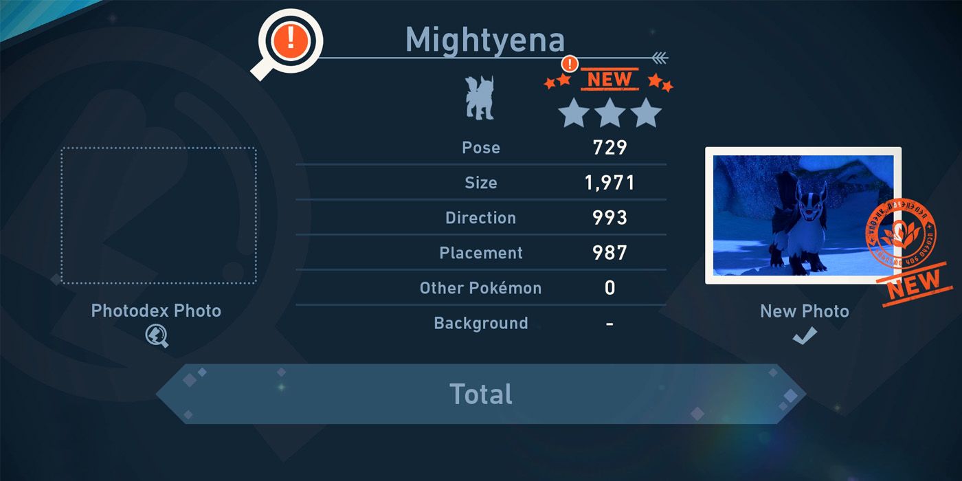 The rating of a photo of a Mightyena in New Pokemon Snap