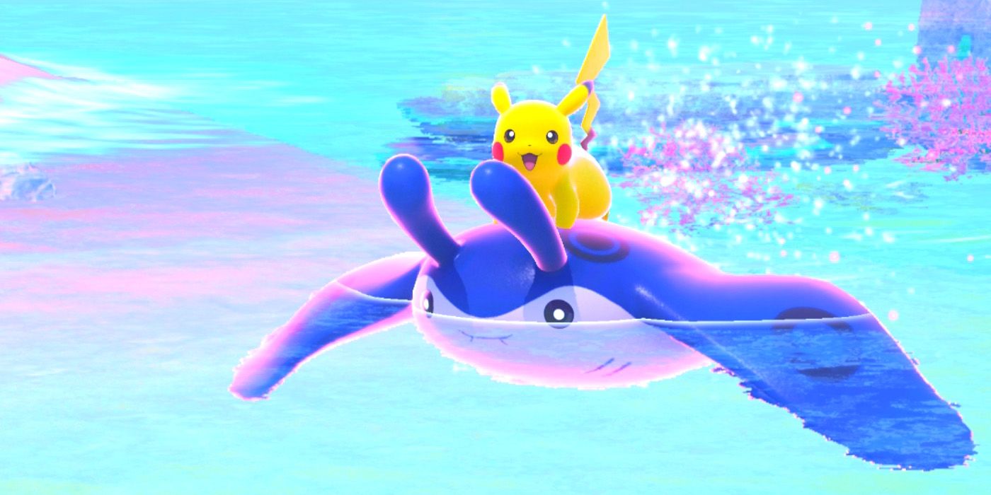 Pikachu riding on a Mantine in New Pokemon Snap