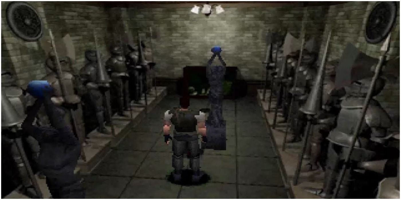 Resident Evil 1 Крис стоит в комнате с рыцарями