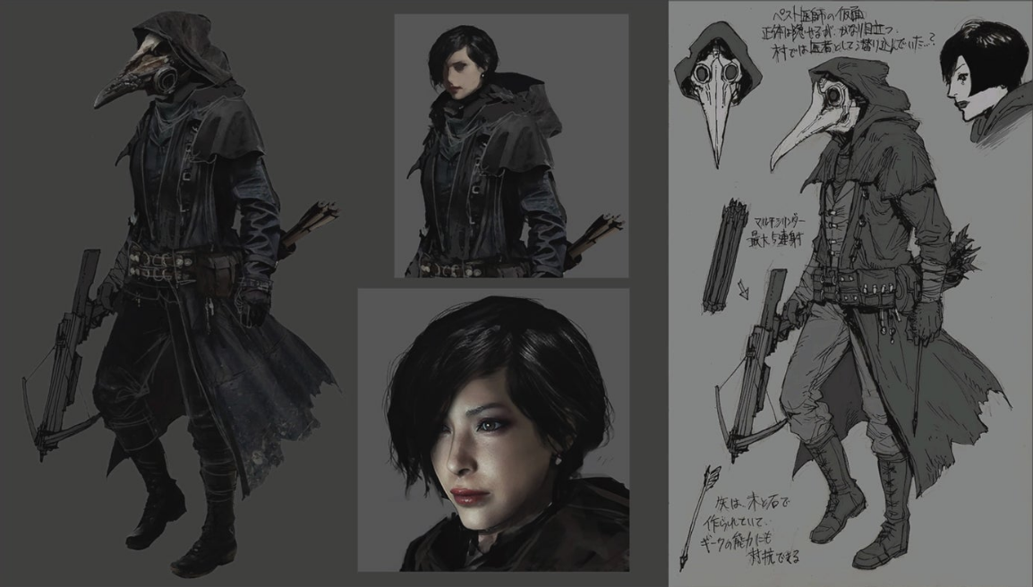 Resident Evil Village concept art showing Ada Wong in a plague doctor costume.