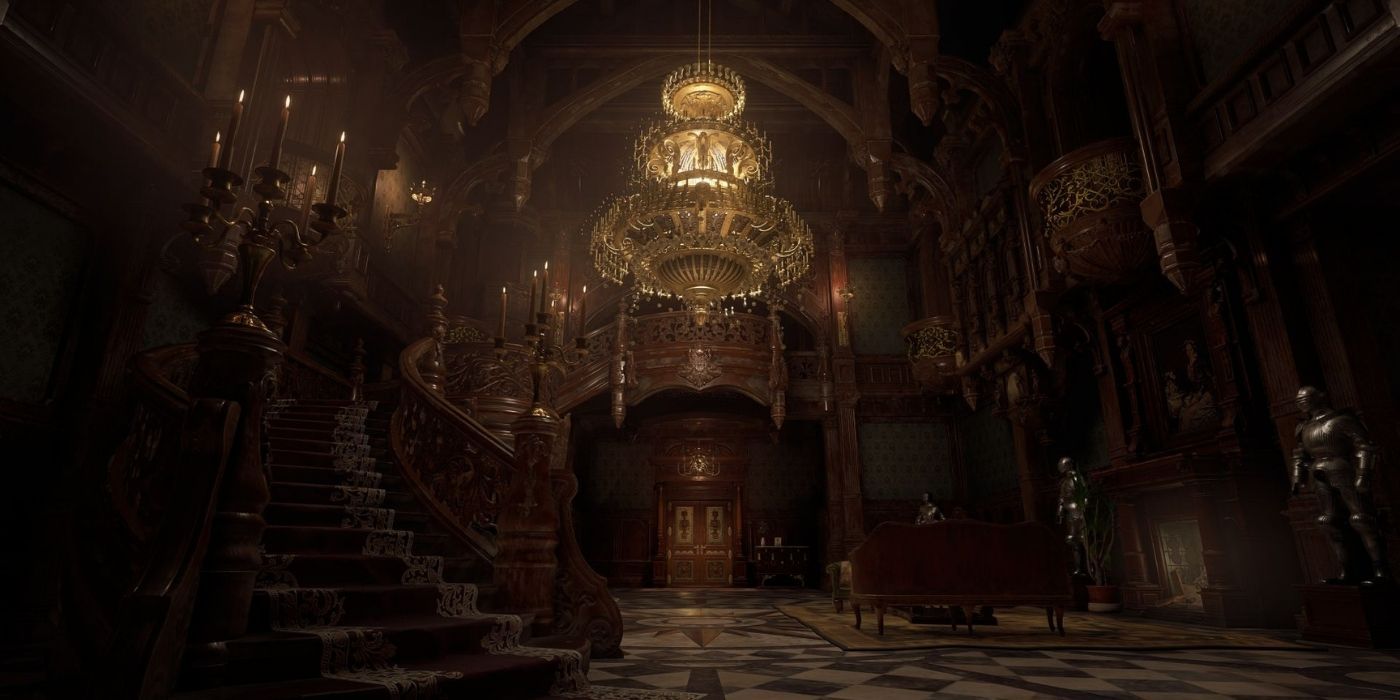 resident evil village main hall at castle dimitrescu as seen from hall of the four entrance