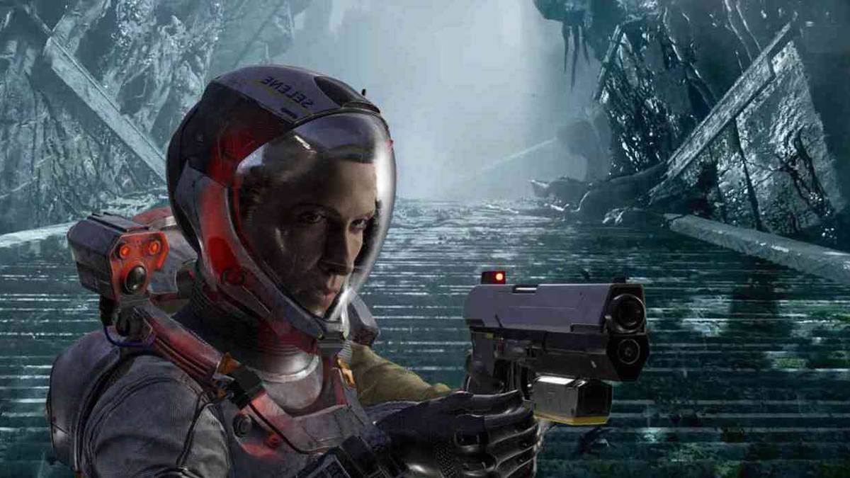 selene in returnal with gun