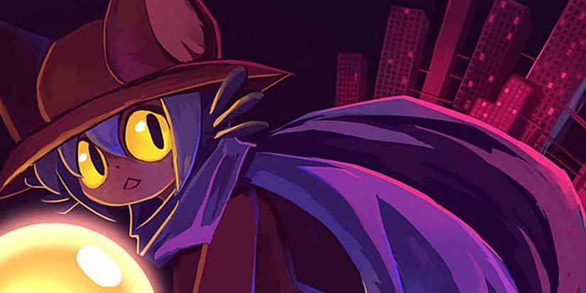 A closeup of Niko from OneShot holding a large, round lightbulb with a yellow glow