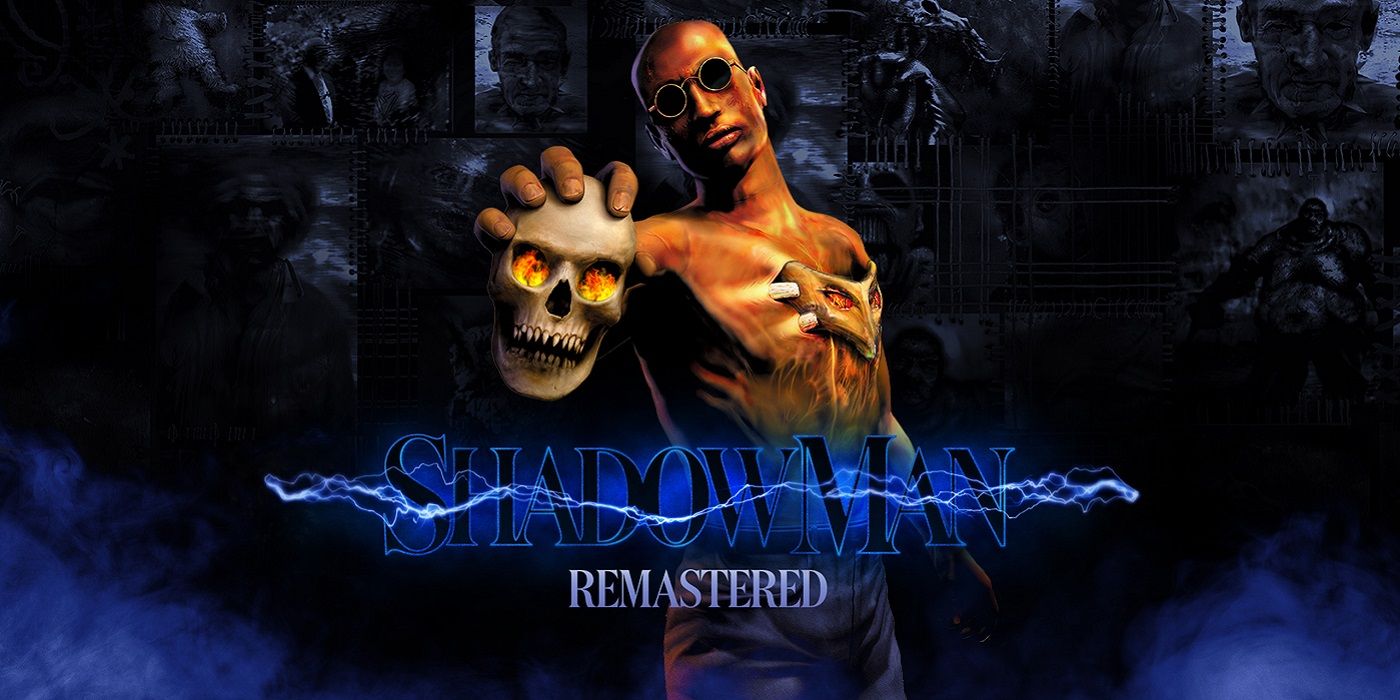 Artwork for the Shadow Man Remastered showing a half naked man wearing sunglasses and holding a skull.