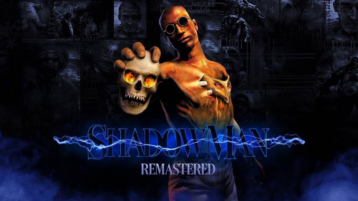 Artwork for the Shadow Man Remastered showing a half naked man wearing sunglasses and holding a skull.