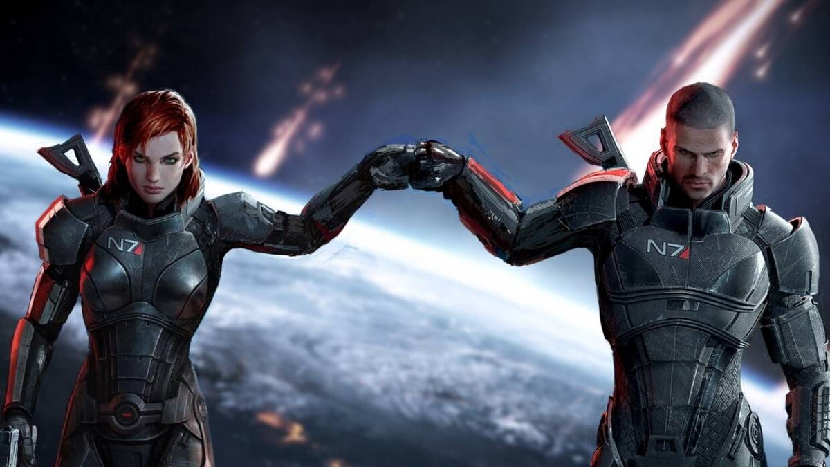 Both Male and Female version of Shepard fist bumping