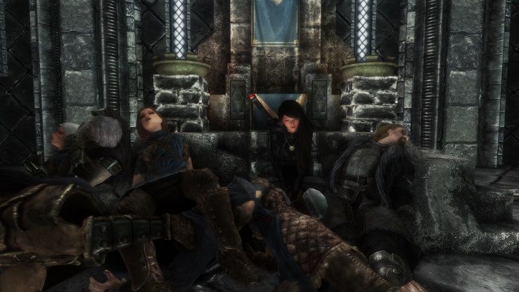 Screenshot from Skyrim showing a player admist a pile of dead NPCs in front of a throne.