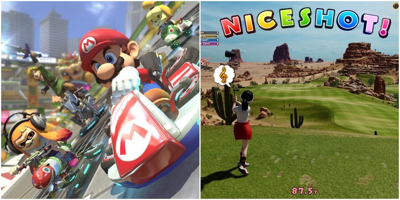 (Left) Characters racing in Mario Kart 8 (Right) Nice Shot from Everybody's golf