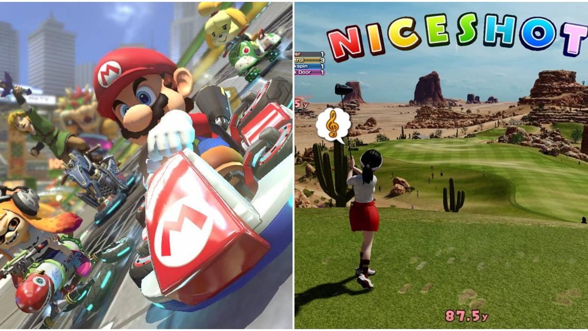 (Left) Characters racing in Mario Kart 8 (Right) Nice Shot from Everybody's golf