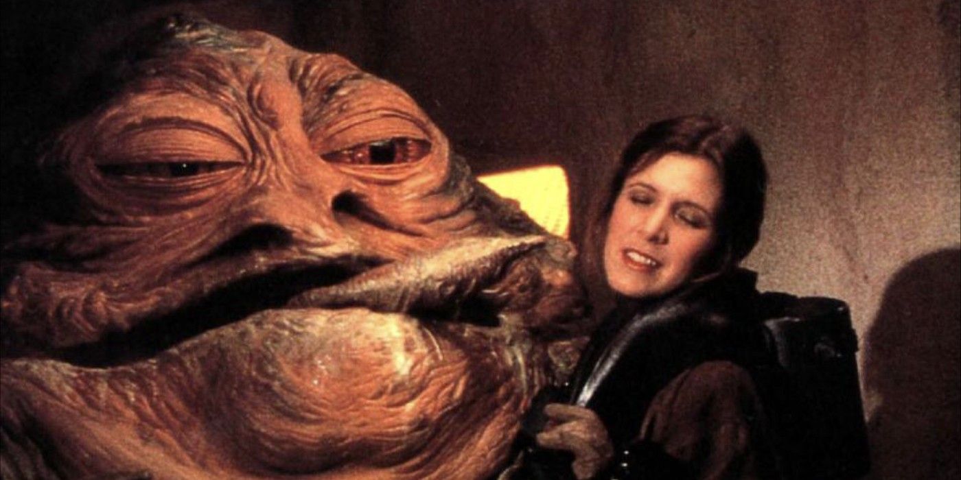 Carrie Fisher as Leia with Jabba The Hutt in Star Wars Return of the Jedi