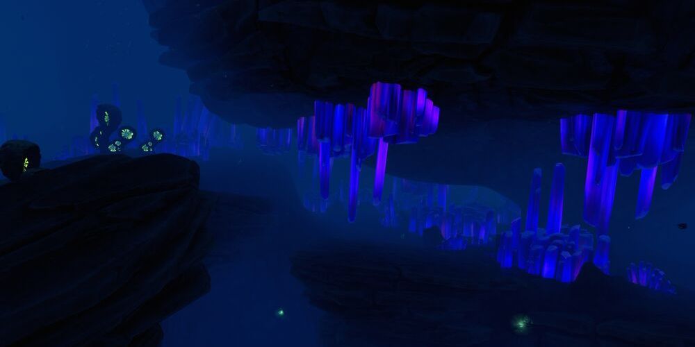purple crystals in an undersea cave.