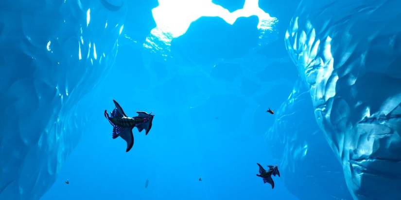 sea creatures swimming in cold water near icebergs.